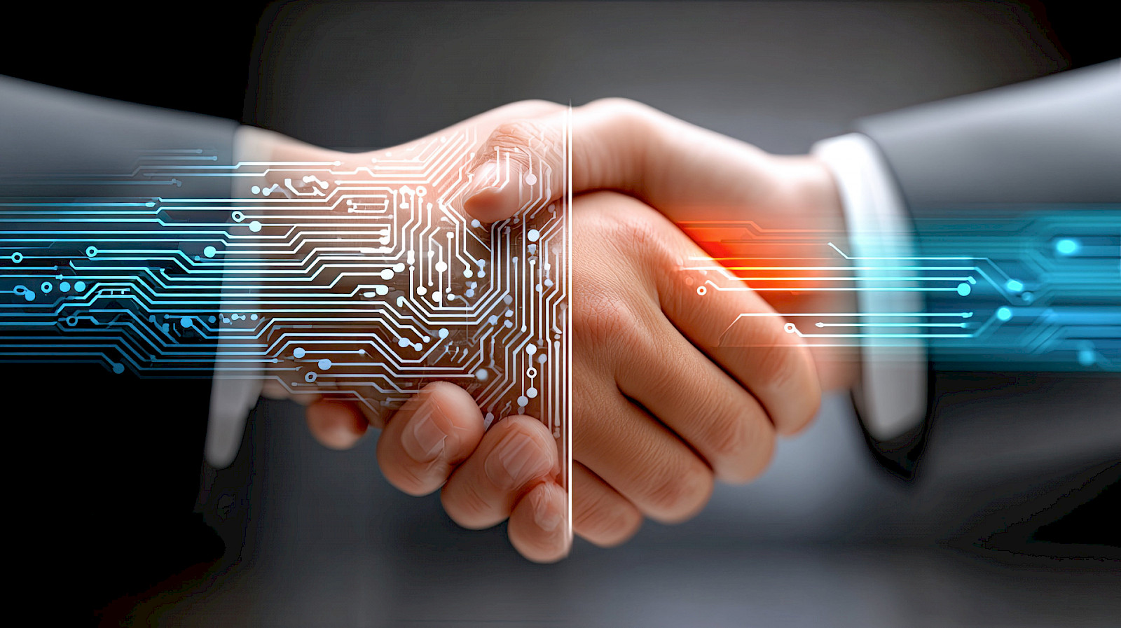 H&auml;ndedruck, &uuml;berlagert von digitalen Schaltkreisen als Symbol f&uuml;r k&uuml;nstliche Intelligenz