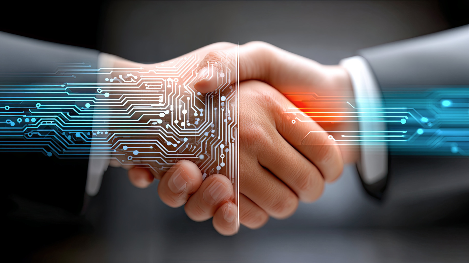 Händedruck, überlagert von digitalen Schaltkreisen als Symbol für künstliche Intelligenz
